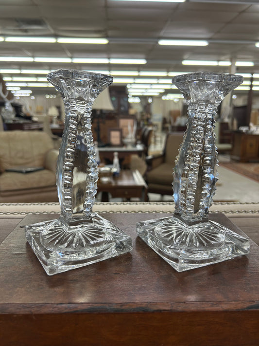Pair of Vintage Pressed Glass Candlesticks