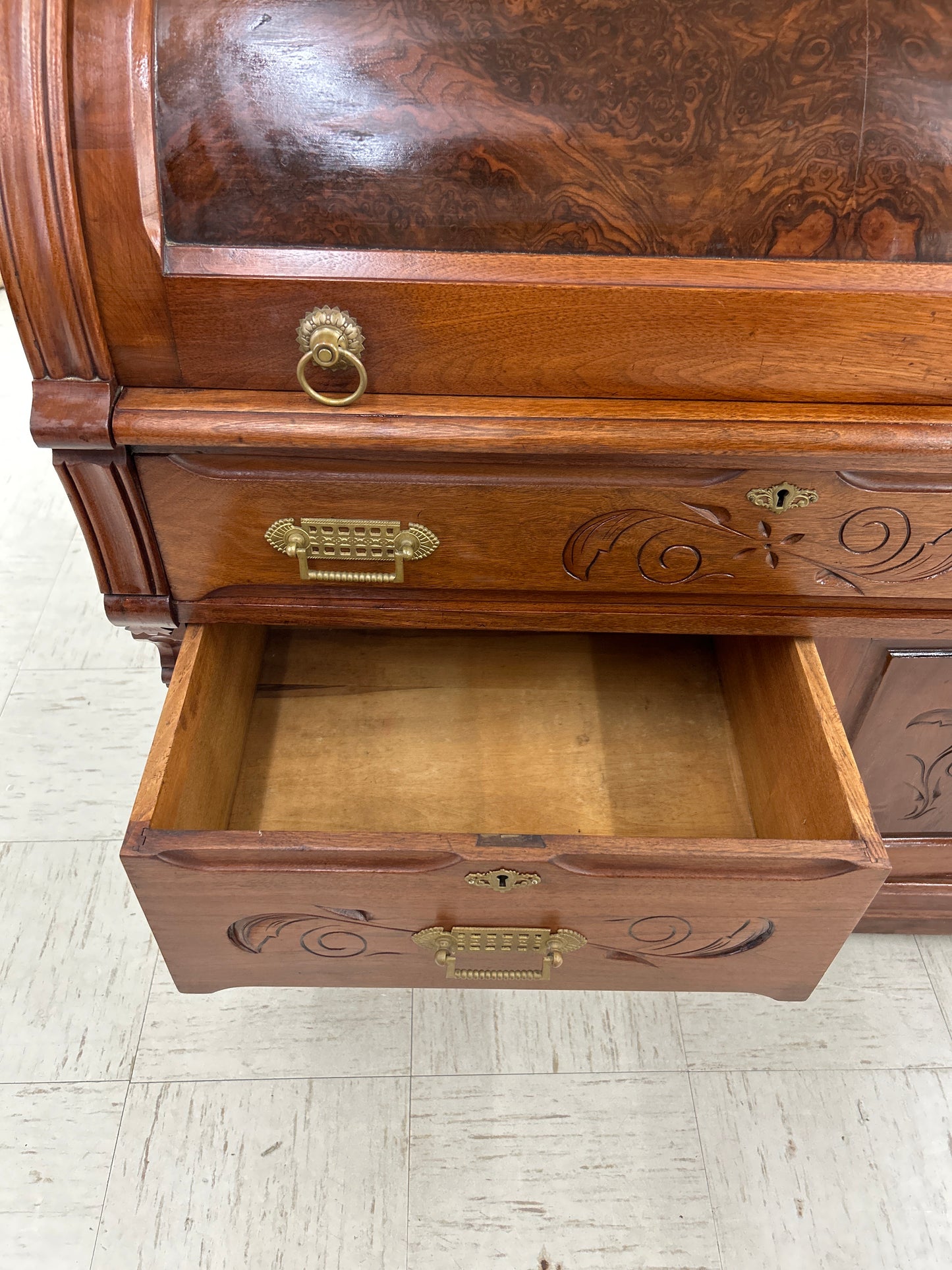 Victorian Walnut & Burl Cylinder Secretary Desk