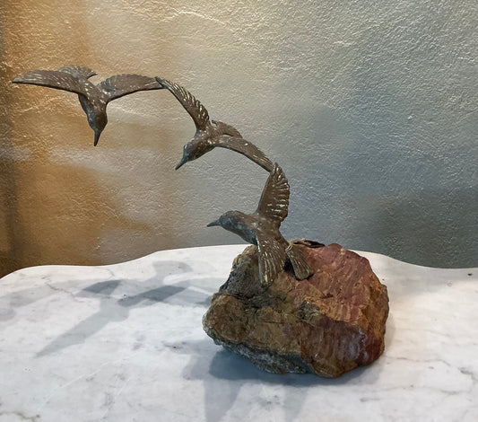 1960s Bronze Birds Table Sculpture White Onyx Base Midcentury Hollywood Regency