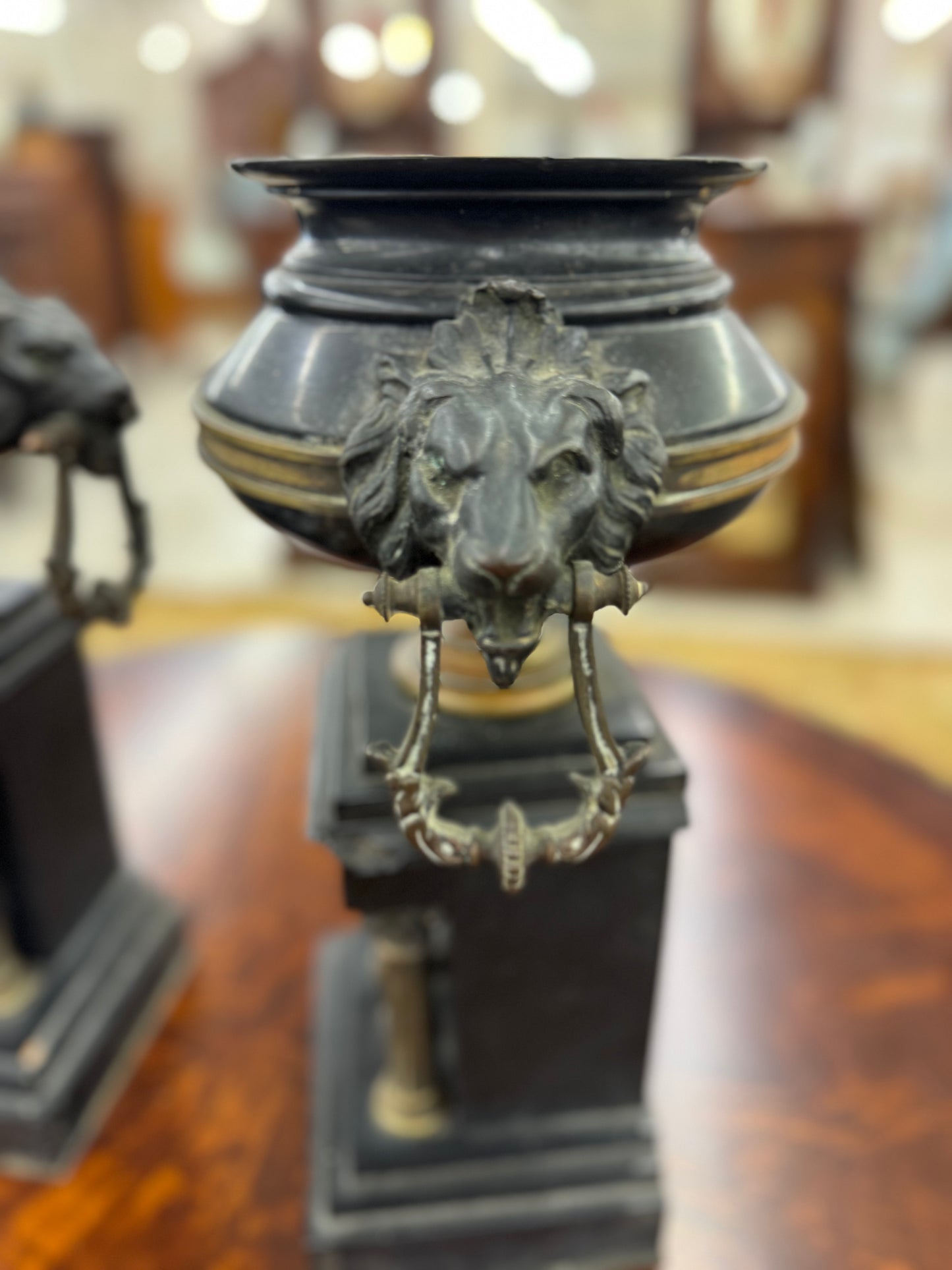Pair of Grand Tour Neoclassical Bronze Amphora Urns on Marble Pedestals
