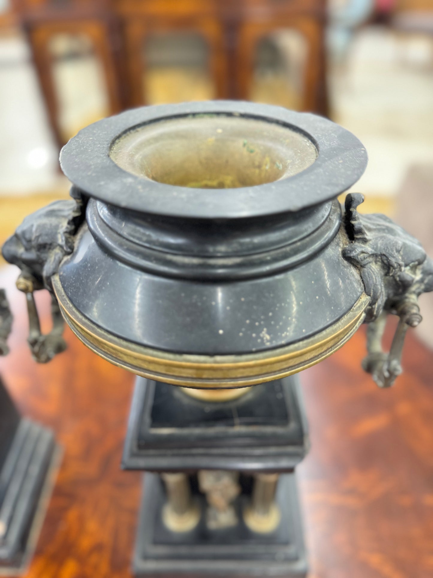 Pair of Grand Tour Neoclassical Bronze Amphora Urns on Marble Pedestals