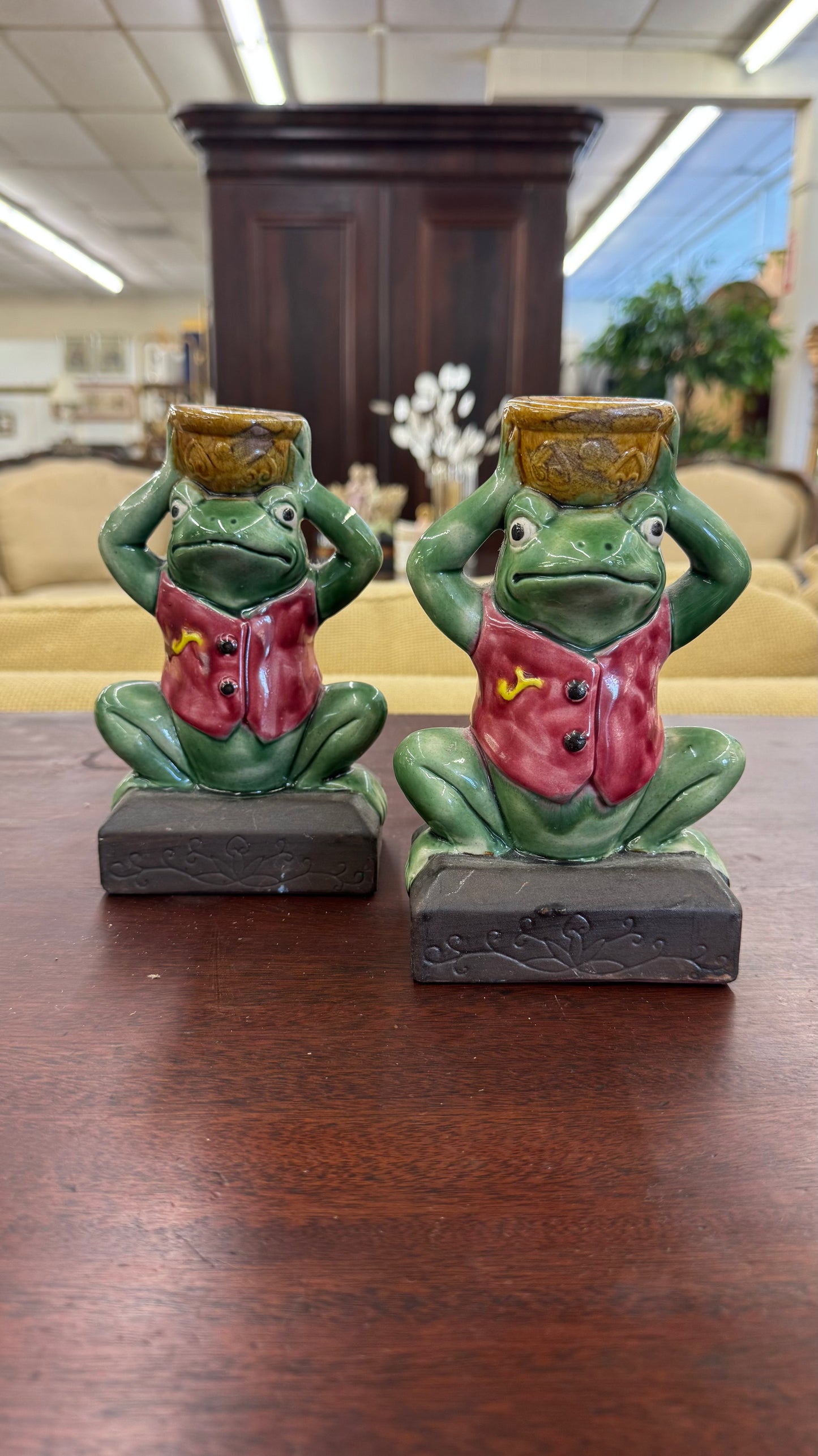 Pair of Majolica Style Frog Candle Sticks