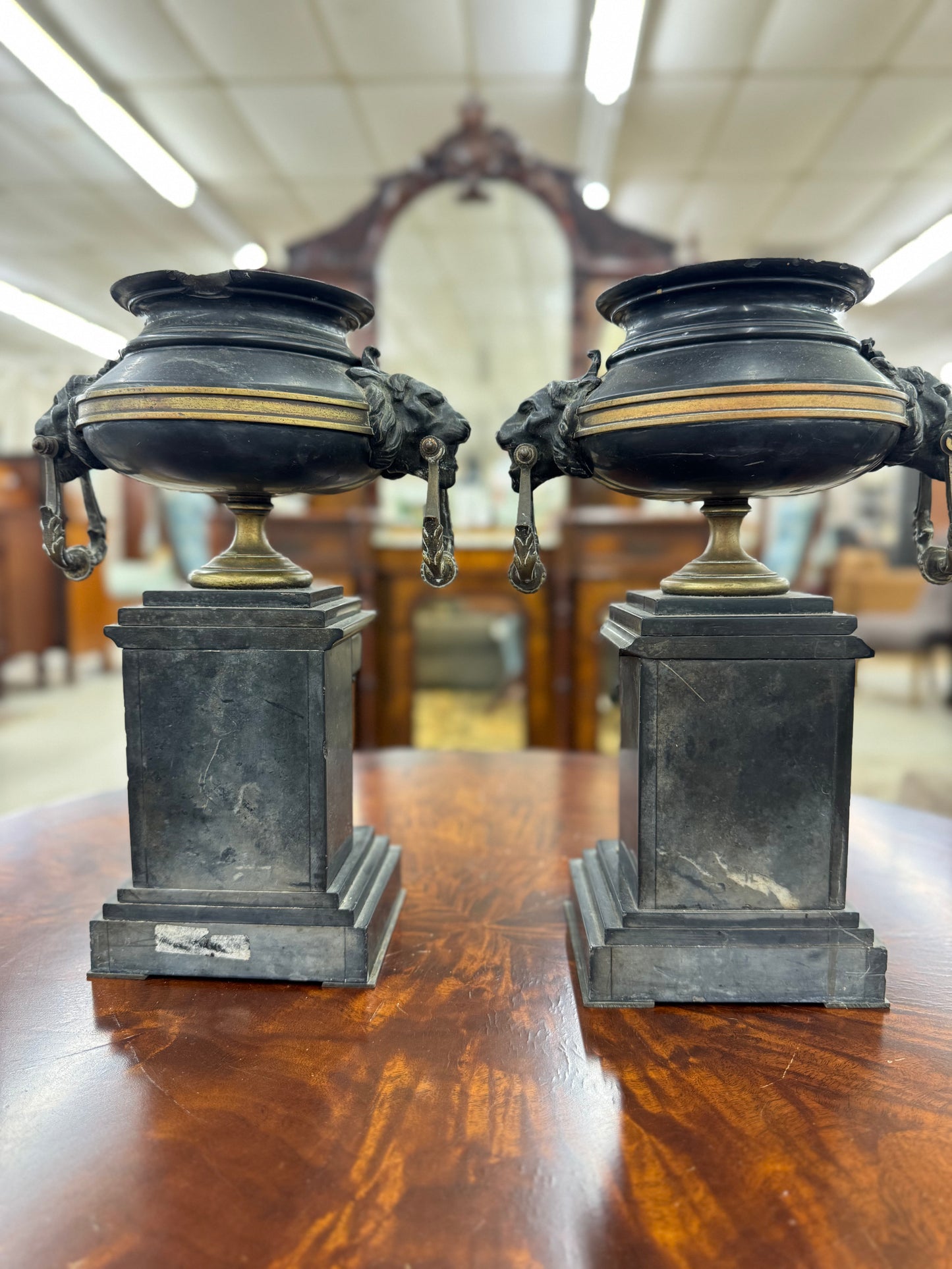 Pair of Grand Tour Neoclassical Bronze Amphora Urns on Marble Pedestals