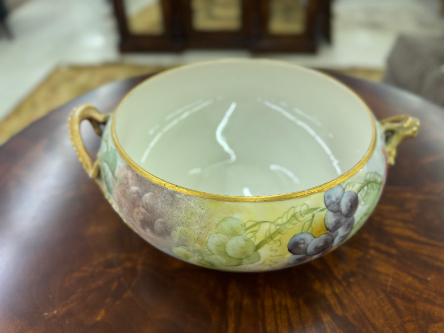 Antique Hand-Painted BRC Limoges Centerpiece Bowl with Gilt Bronze Dragon Handles