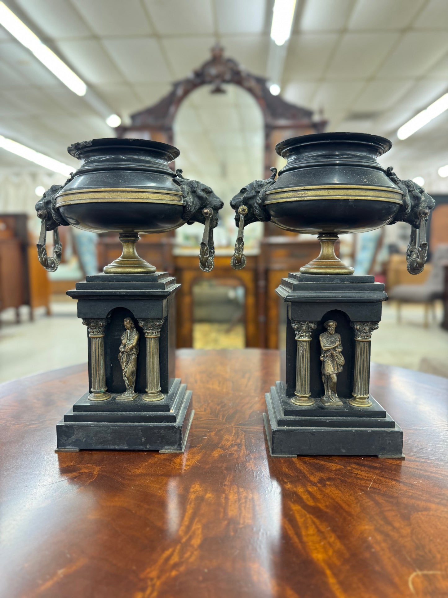 Pair of Grand Tour Neoclassical Bronze Amphora Urns on Marble Pedestals