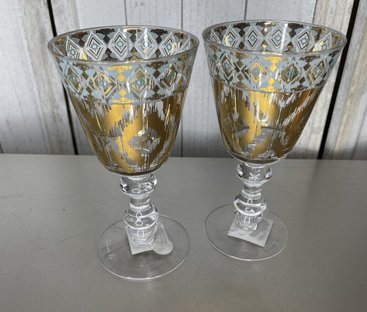 Zrike Patina Vie Mint Goblets 18k Gold Ikat Print Glasses