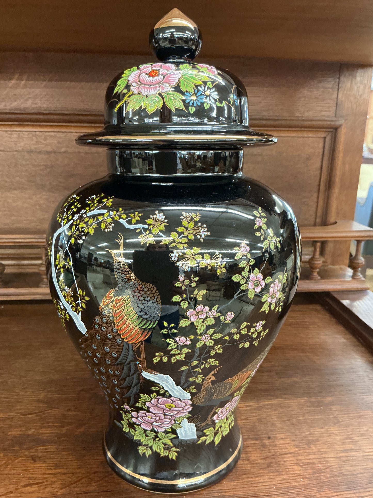 Chinoiserie Black Ginger Jar with Hand-Painted Birds & Floral Motif