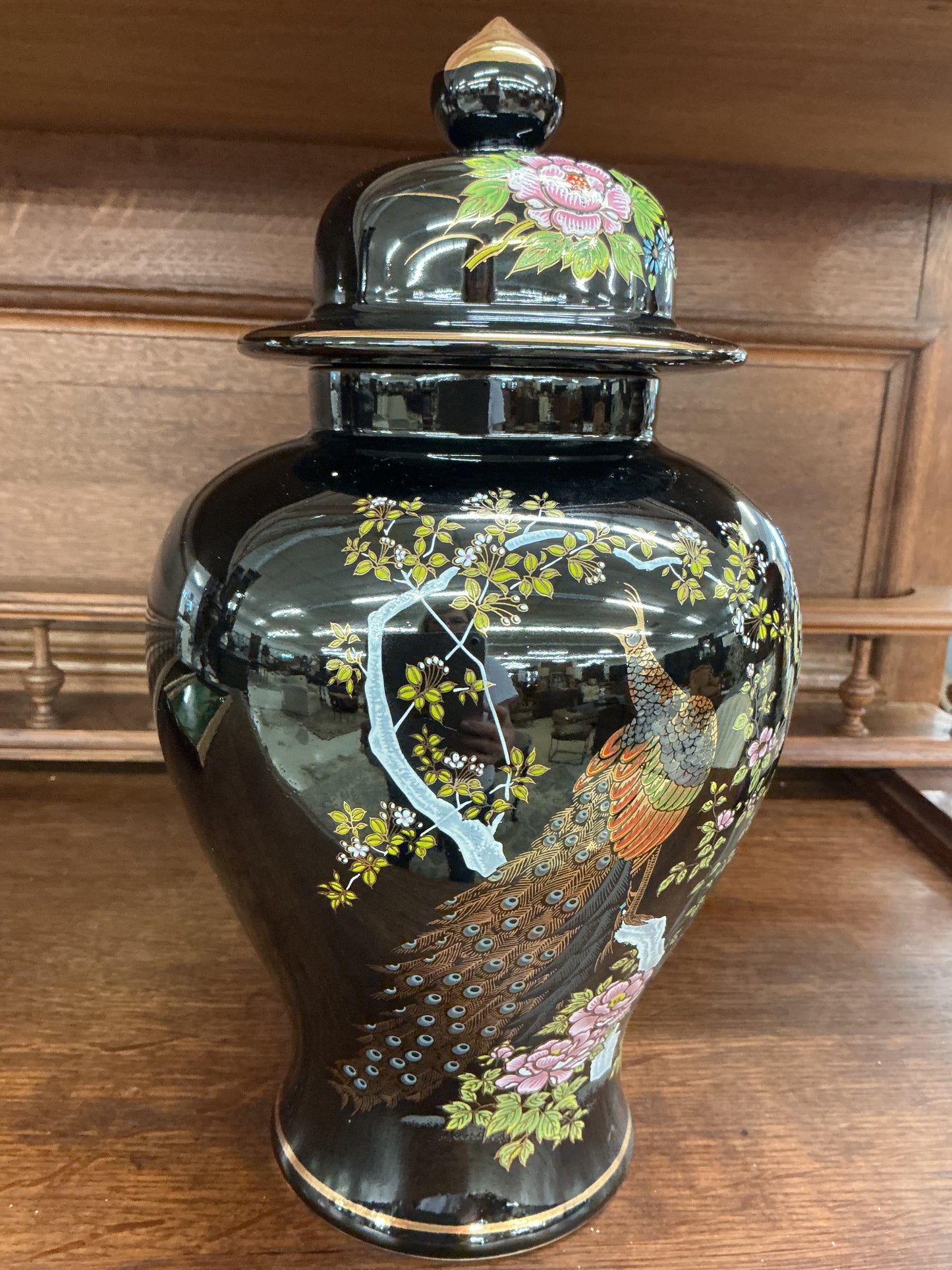Chinoiserie Black Ginger Jar with Hand-Painted Birds & Floral Motif