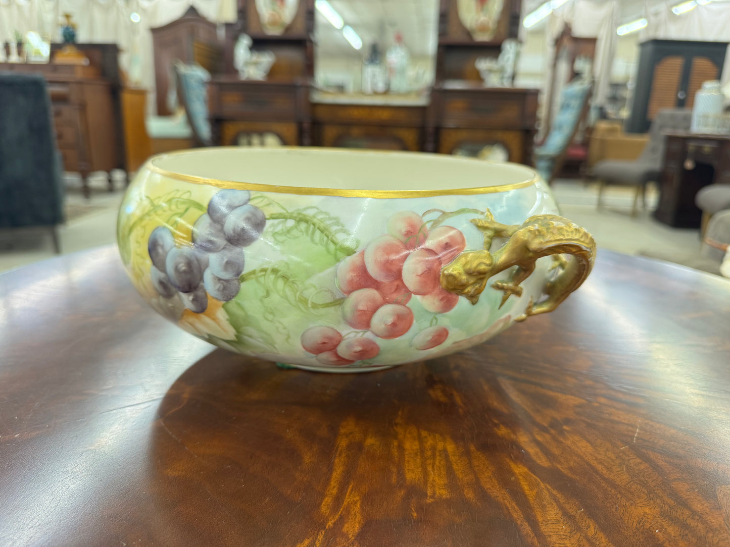 Antique Hand-Painted BRC Limoges Centerpiece Bowl with Gilt Bronze Dragon Handles