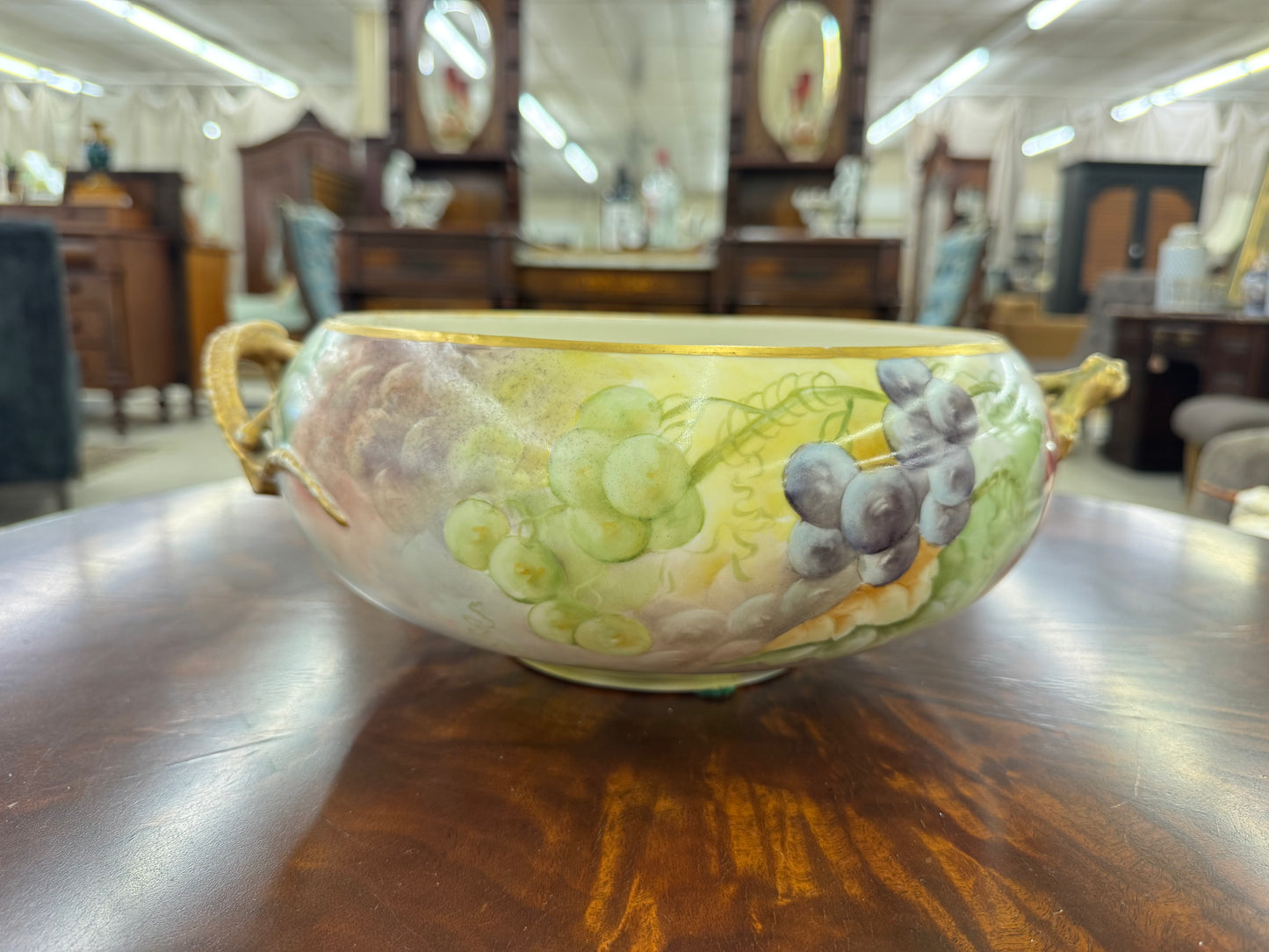 Antique Hand-Painted BRC Limoges Centerpiece Bowl with Gilt Bronze Dragon Handles