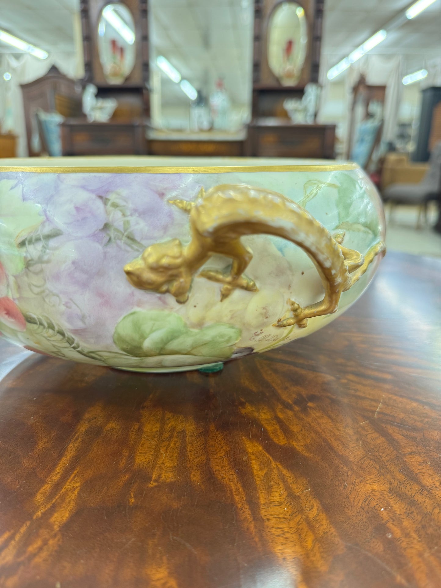 Antique Hand-Painted BRC Limoges Centerpiece Bowl with Gilt Bronze Dragon Handles