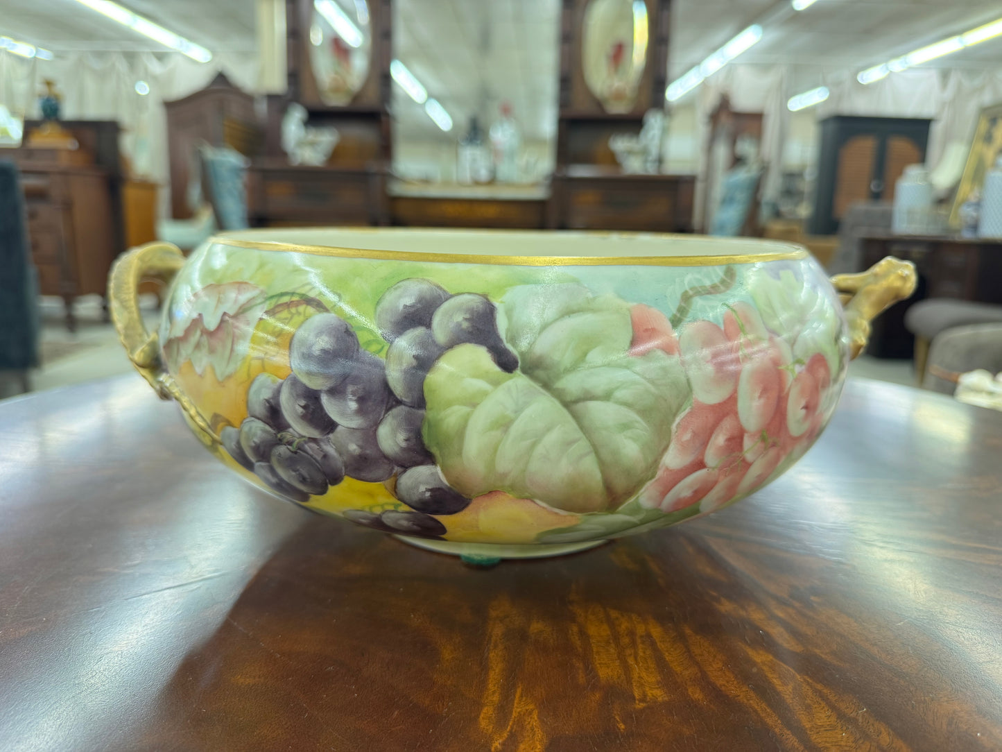 Antique Hand-Painted BRC Limoges Centerpiece Bowl with Gilt Bronze Dragon Handles