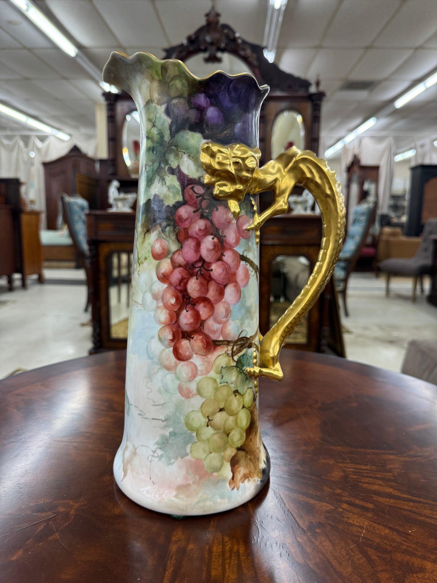 Antique Hand-Painted Limoges Porcelain Dragon-Handled Tankard