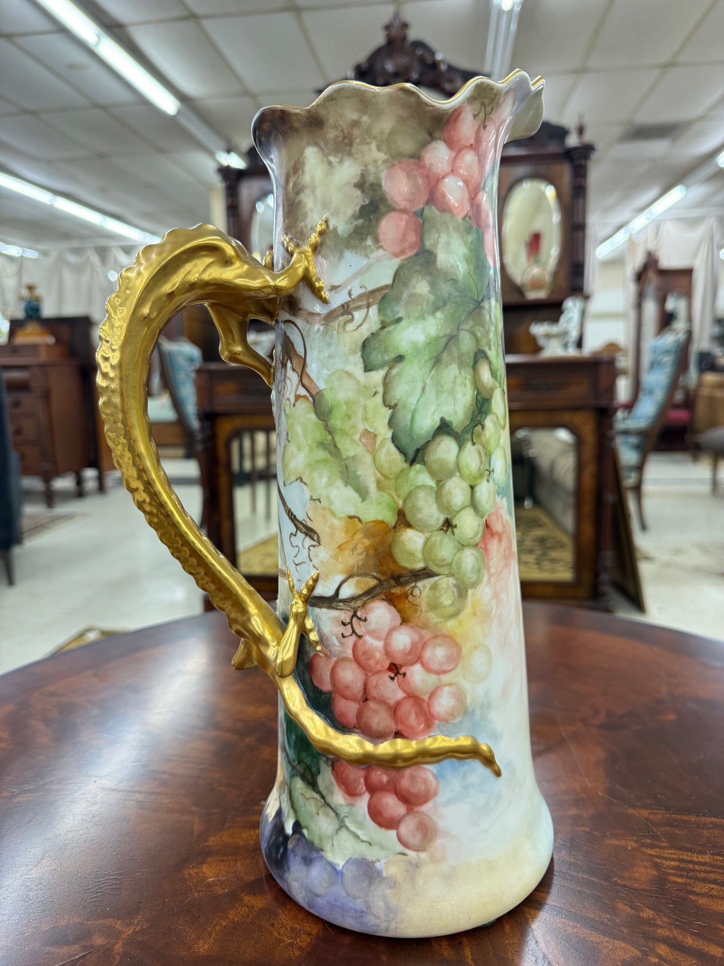 Antique Hand-Painted Limoges Porcelain Dragon-Handled Tankard