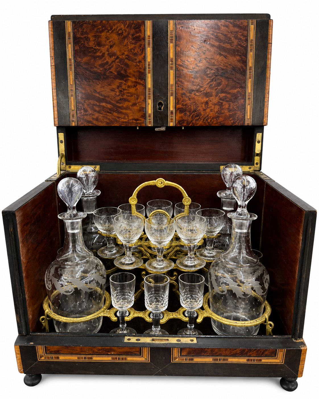 Antique Victorian Burl Walnut Tantalus Decanter Box with Cut Crystal Decanters & Glasses