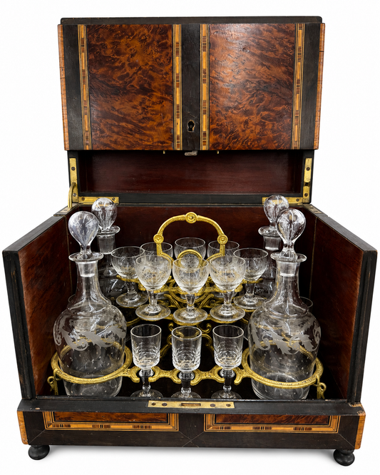 Antique Victorian Burl Walnut Tantalus Decanter Box with Cut Crystal Decanters & Glasses