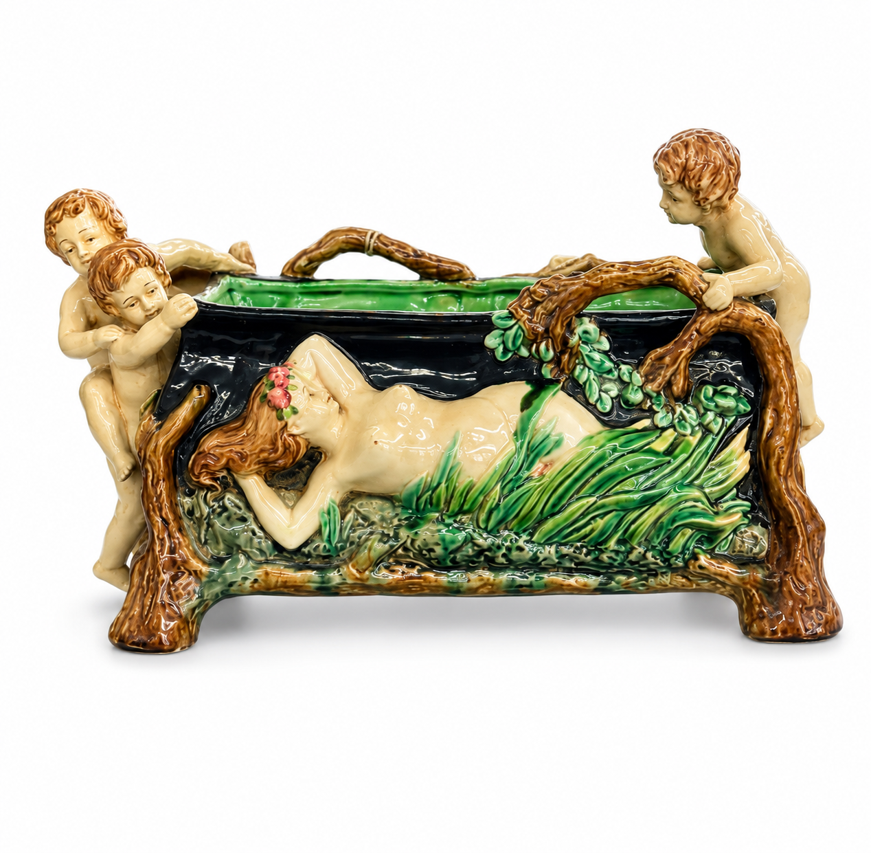 Art Nouveau Figural Majolica Planter / Cachepot