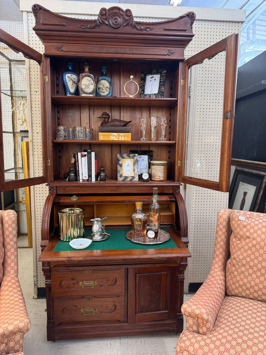 Victorian Walnut & Burl Cylinder Secretary Desk