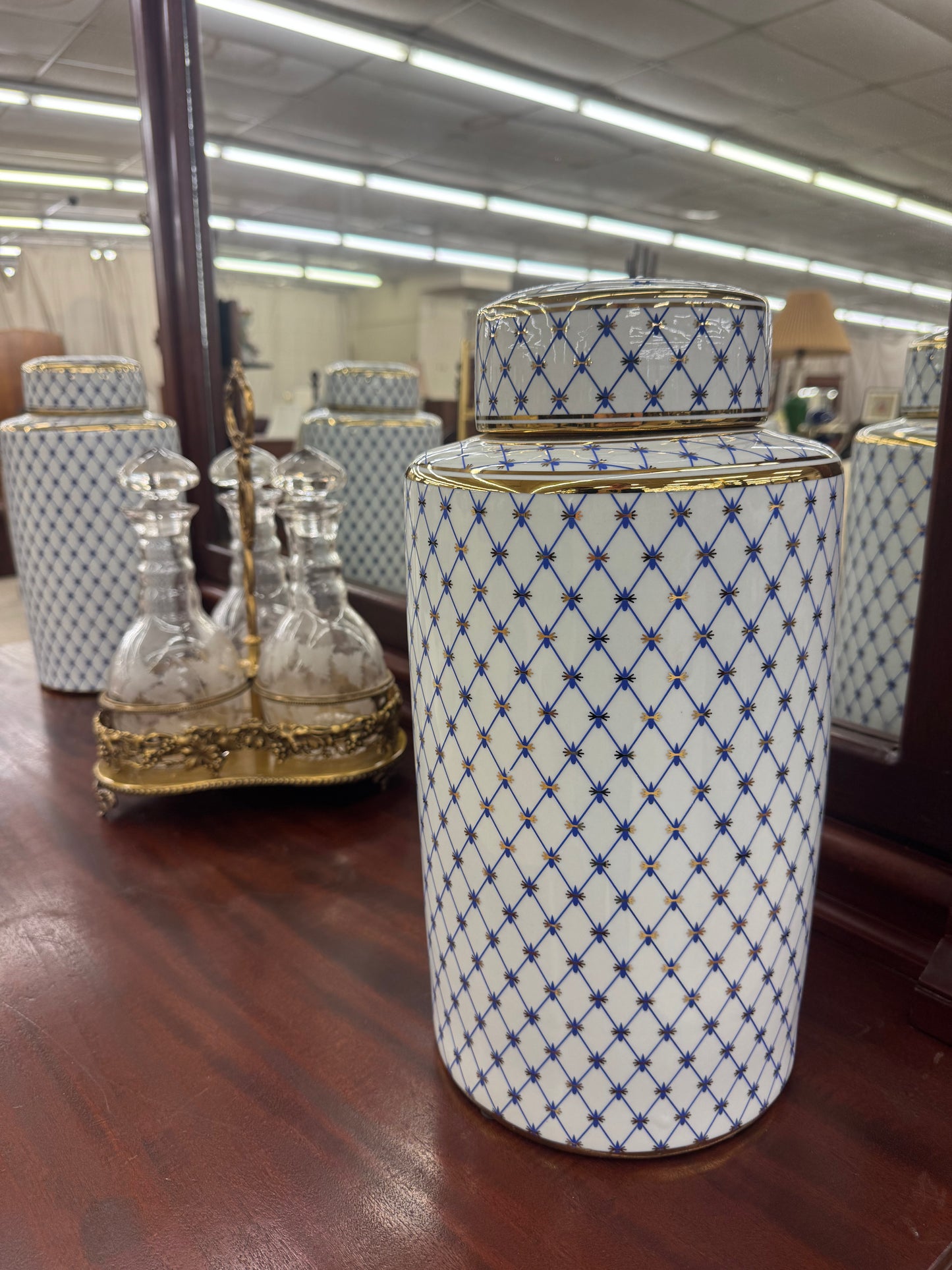 Blue Gold Striped Urn