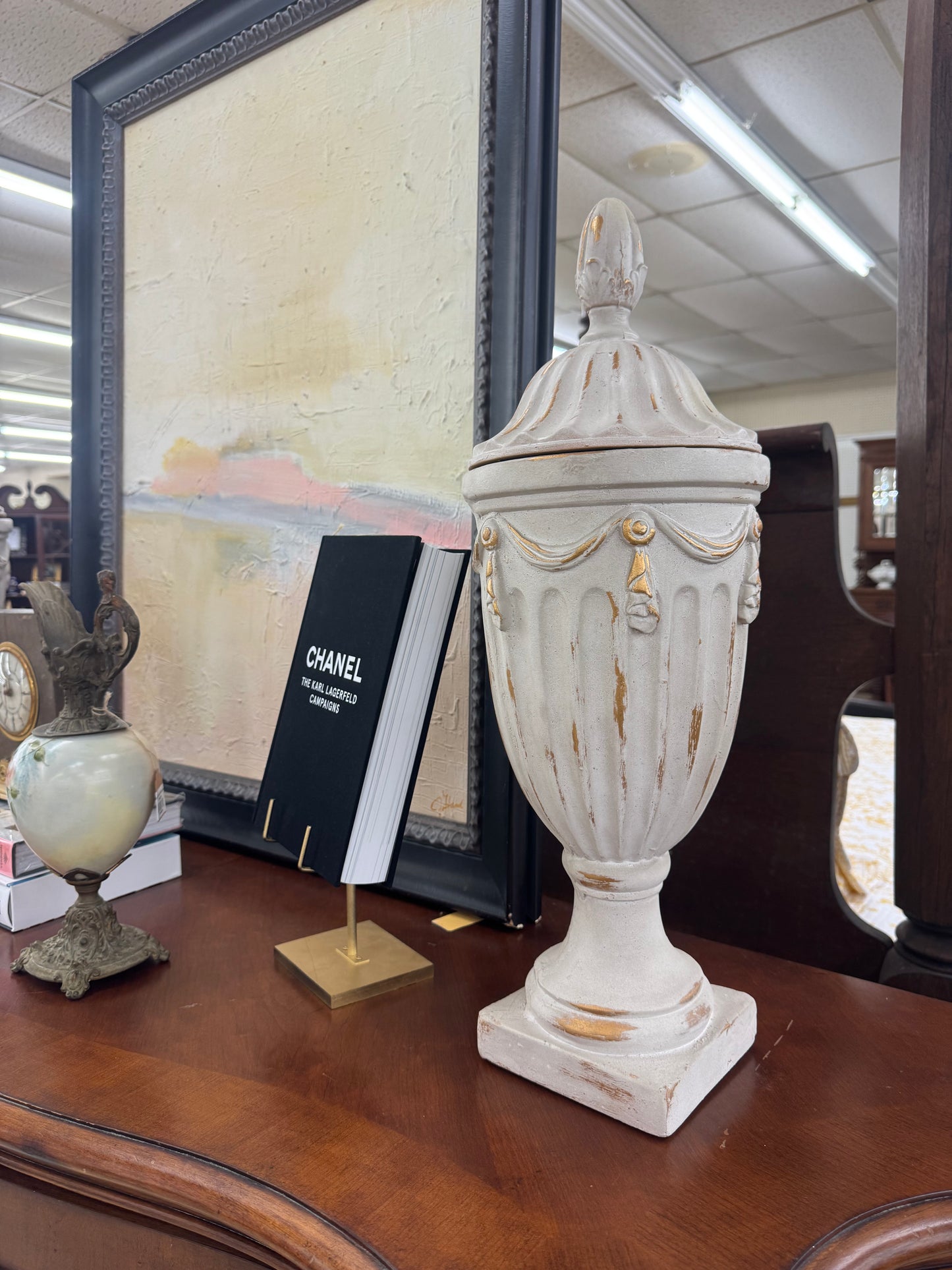 Pedestal Lidded Vase Distressed Gold Accents