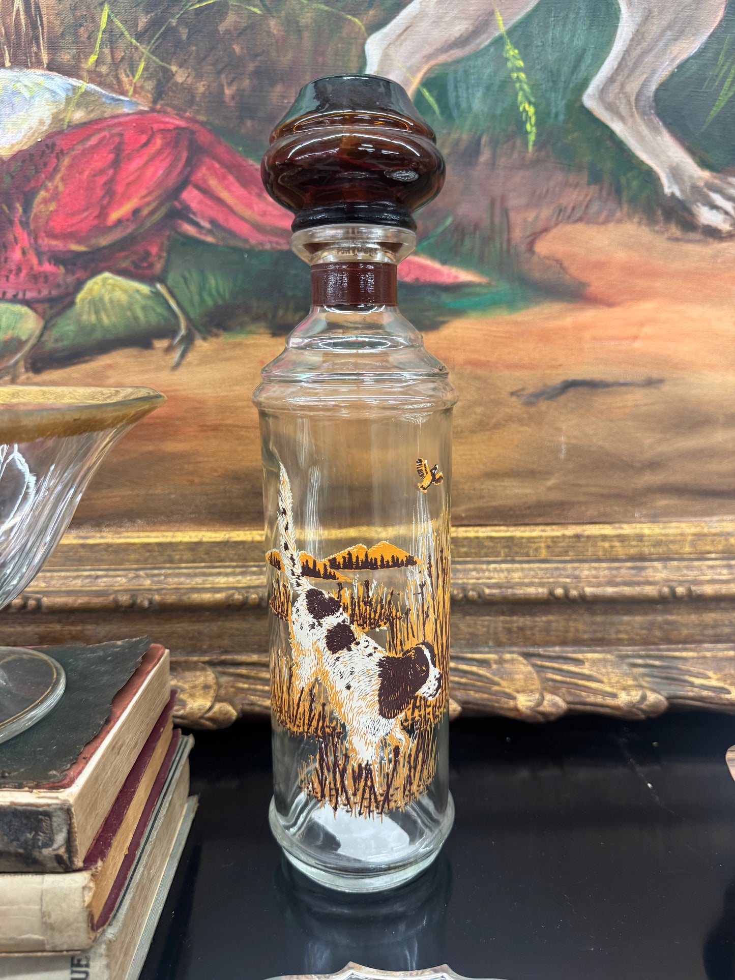 Vintage Dog and Pheasant Hunting Scene Glass Decanter