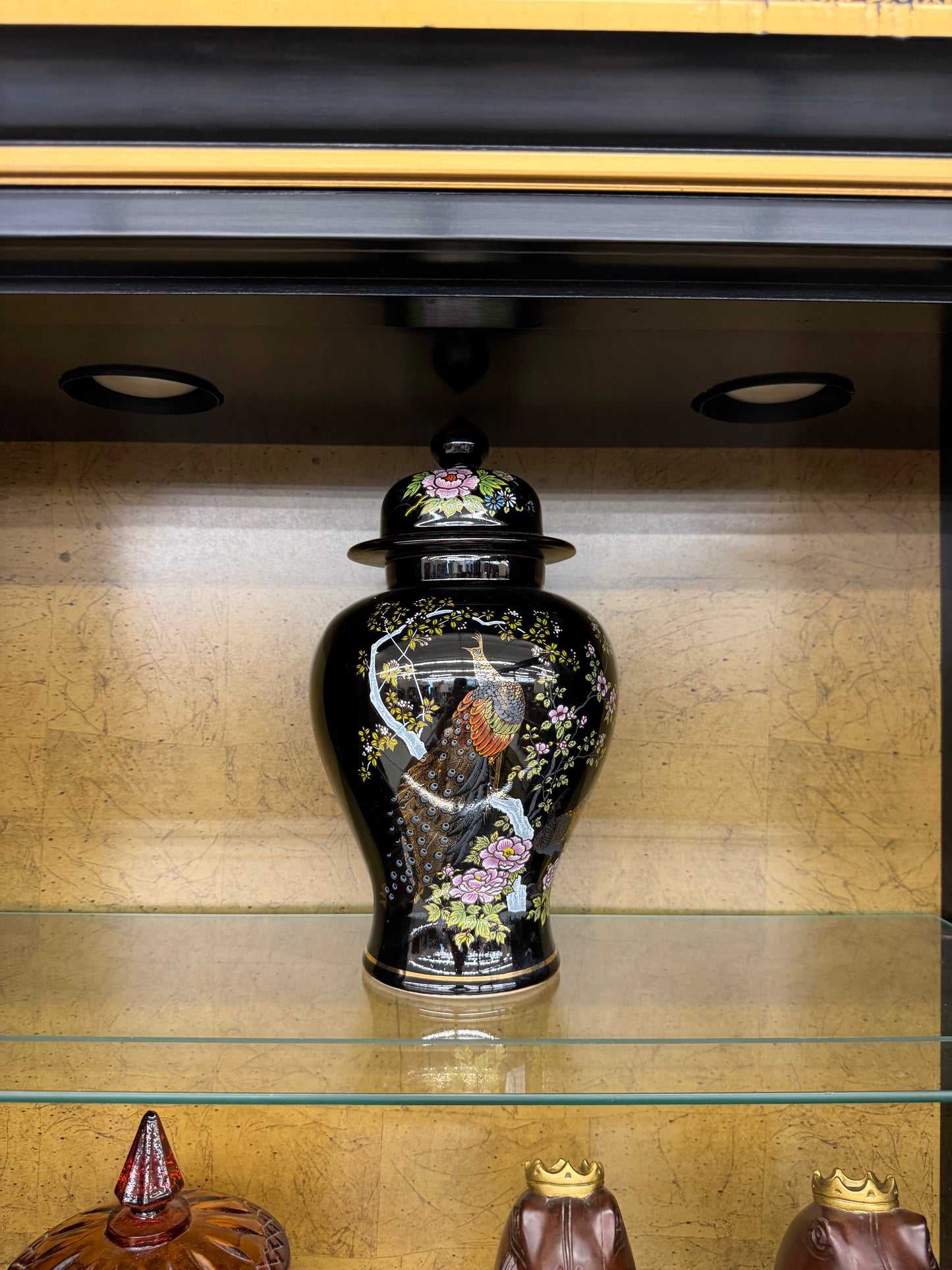Chinoiserie Black Ginger Jar with Hand-Painted Birds & Floral Motif