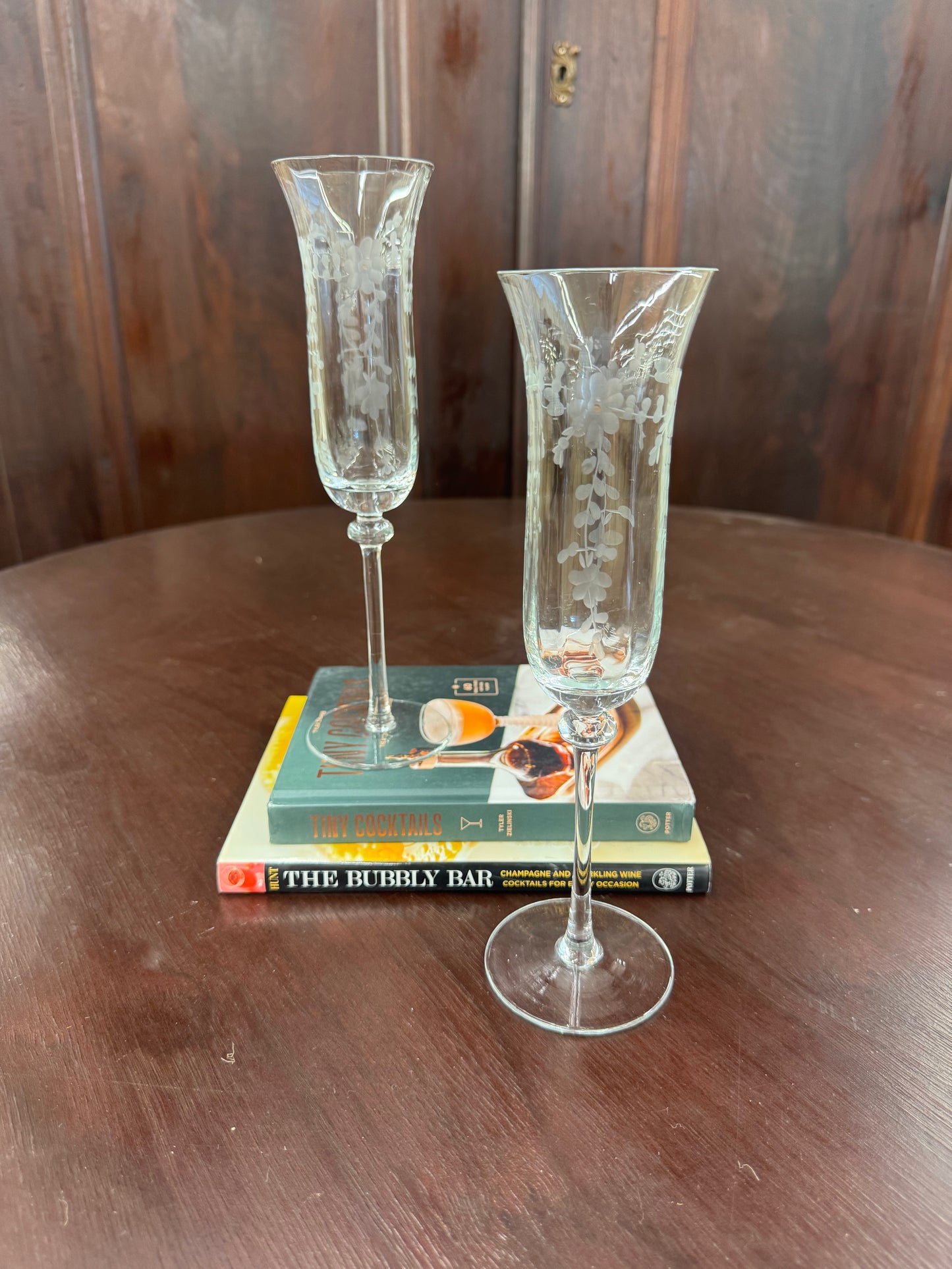 Vintage etched champagne flutes