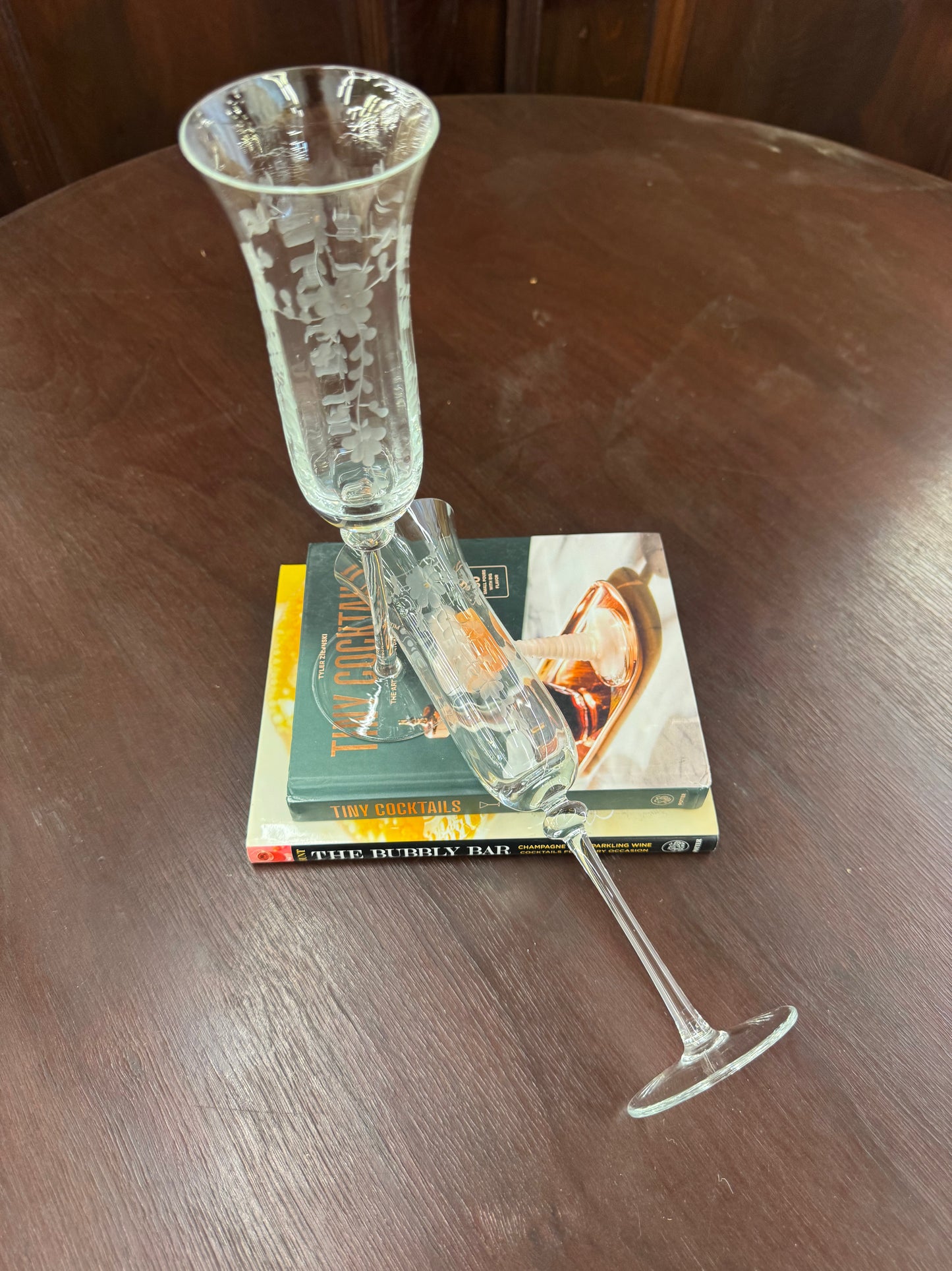 Vintage etched champagne flutes