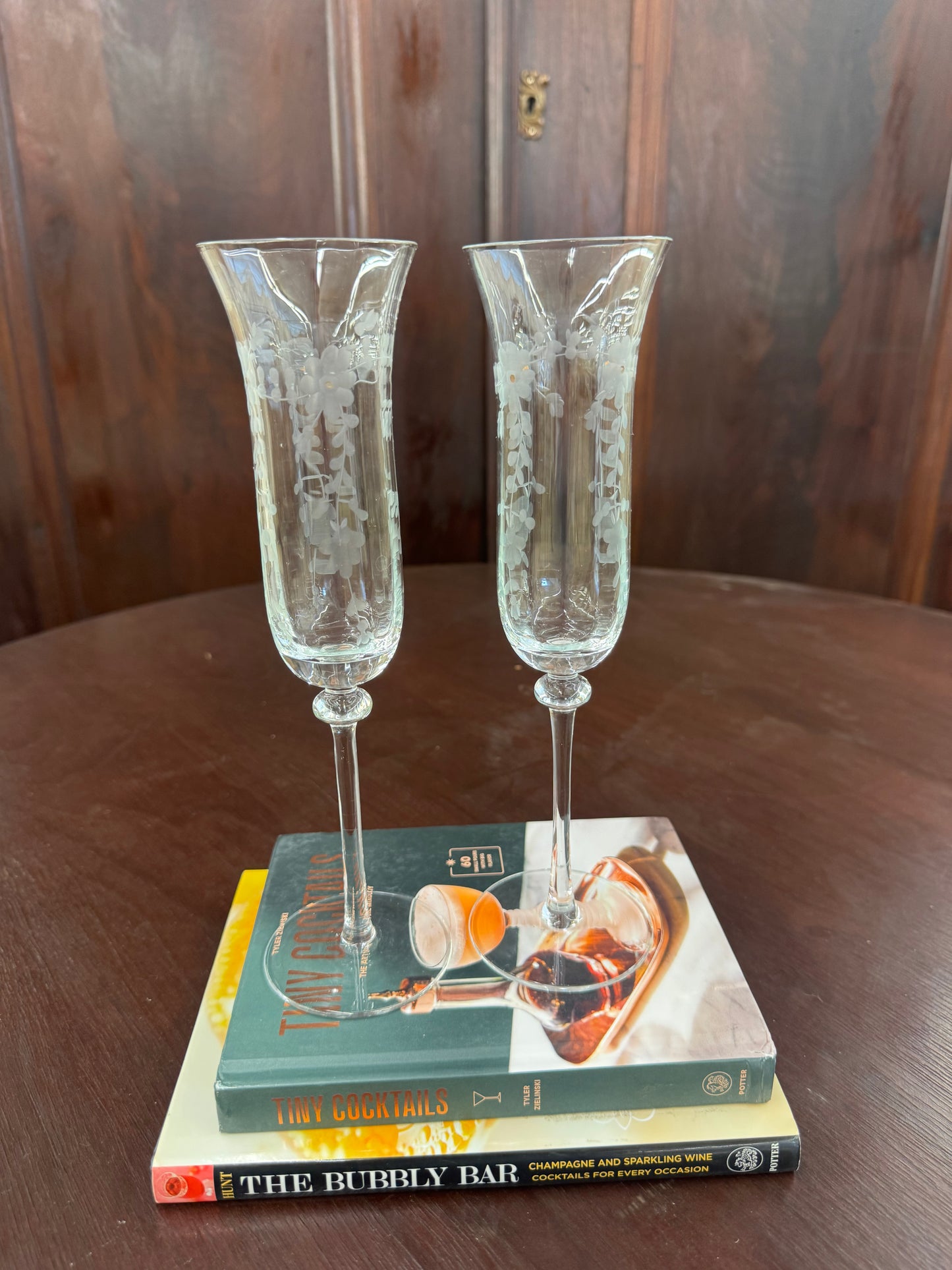 Vintage etched champagne flutes