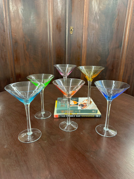 Set of 6 Vintage Colored Stem Martini Glasses