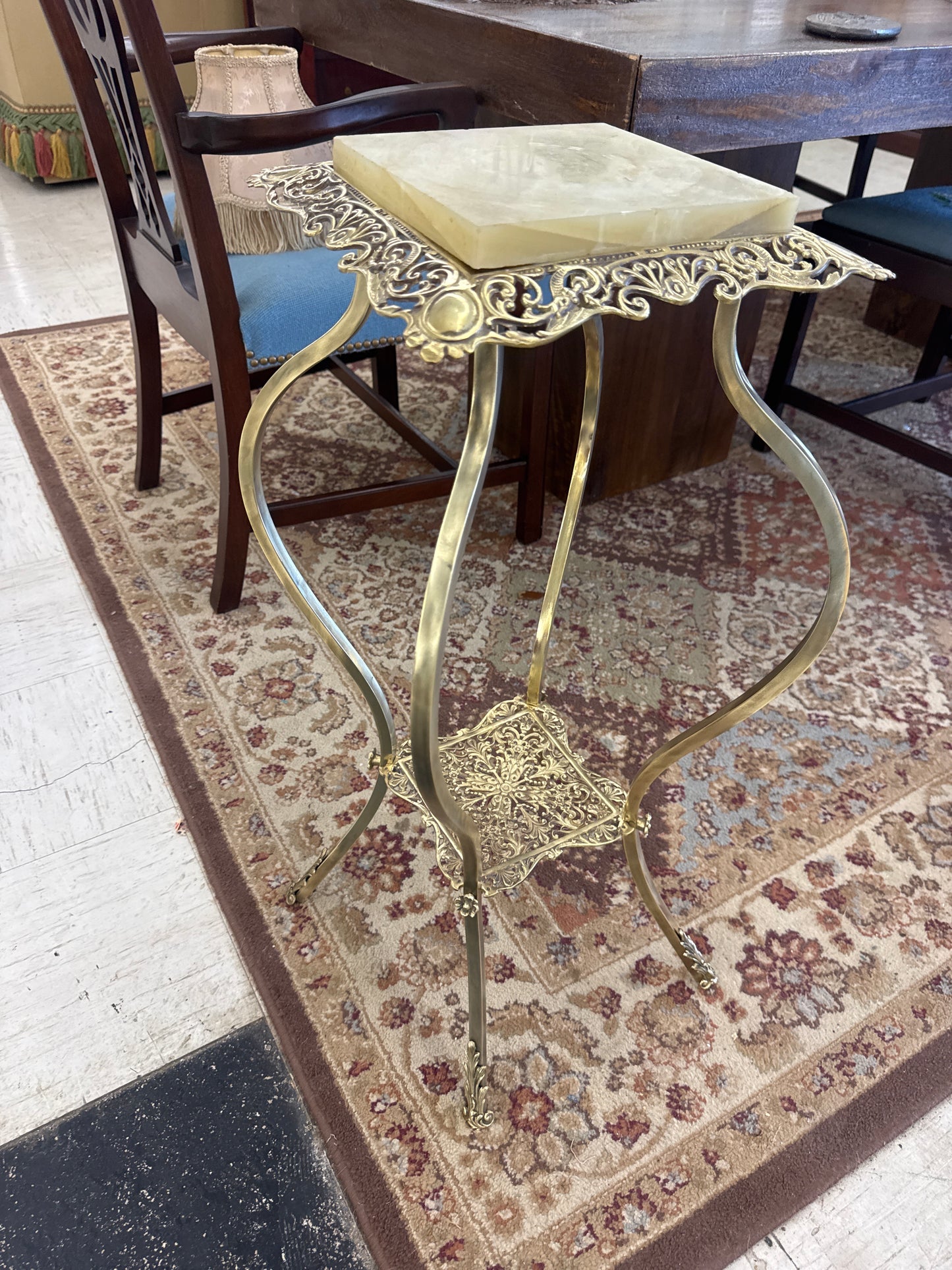 vintage Hollywood Regency / Italian Rococo-style brass and onyx accent stand