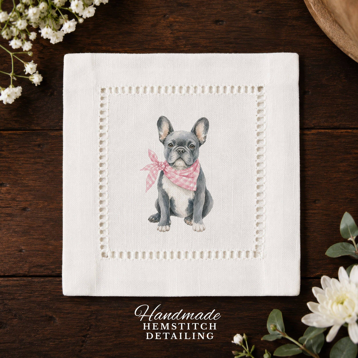 Pet Story French Bulldog Hemstitch Napkins
