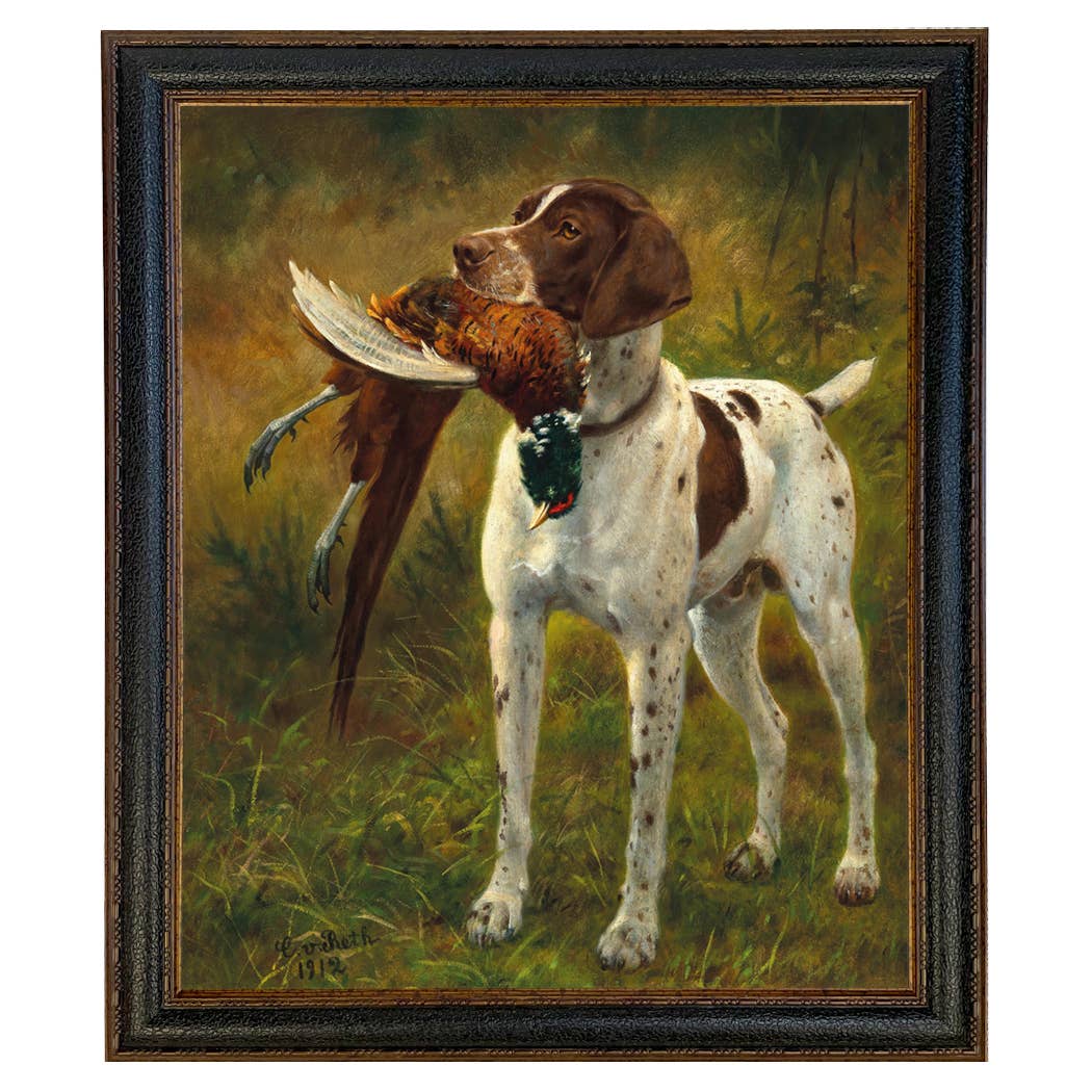 English Pointer with Pheasant Painted Vintage Canvas Print