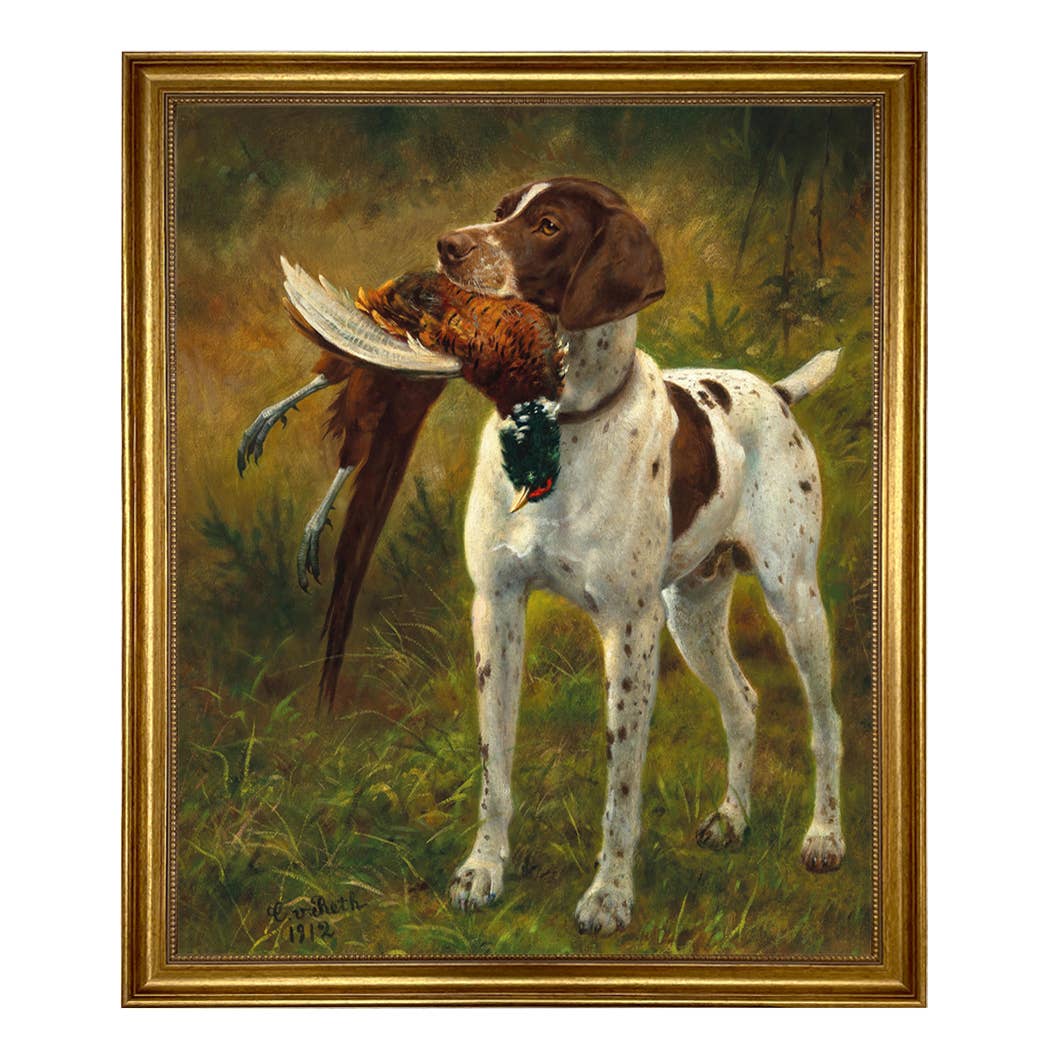 English Pointer with Pheasant Painted Vintage Canvas Print