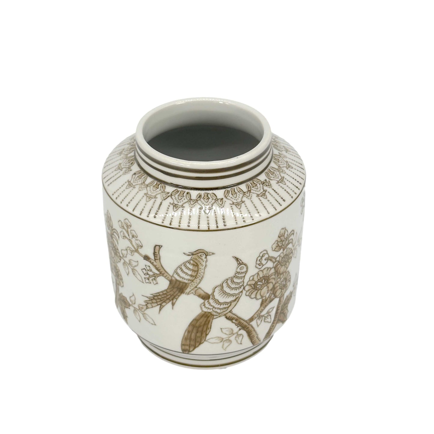 Brown Ceramic Cylinder Chinoiserie Vase 6.7"