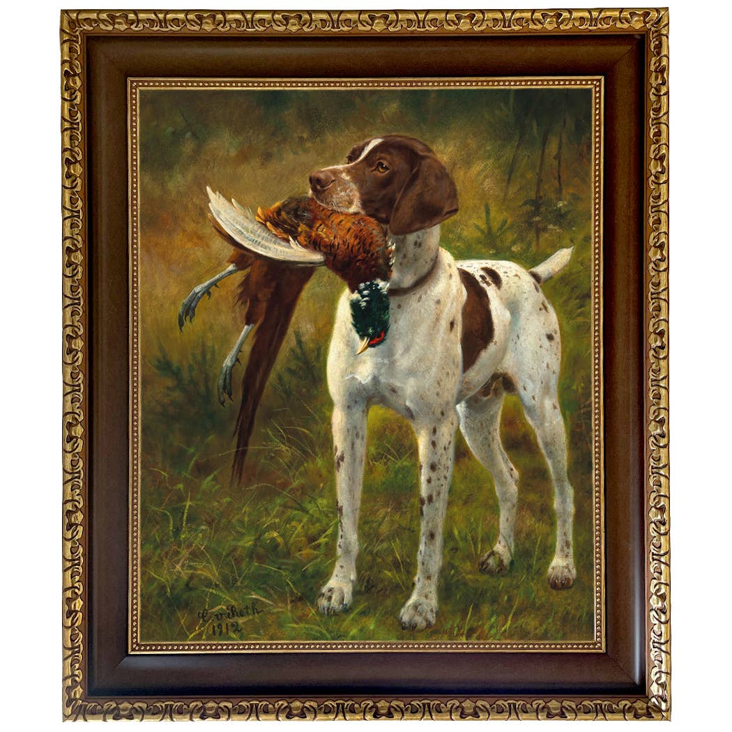 English Pointer with Pheasant Painted Vintage Canvas Print