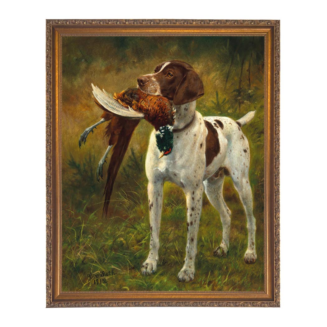 English Pointer with Pheasant Painted Vintage Canvas Print