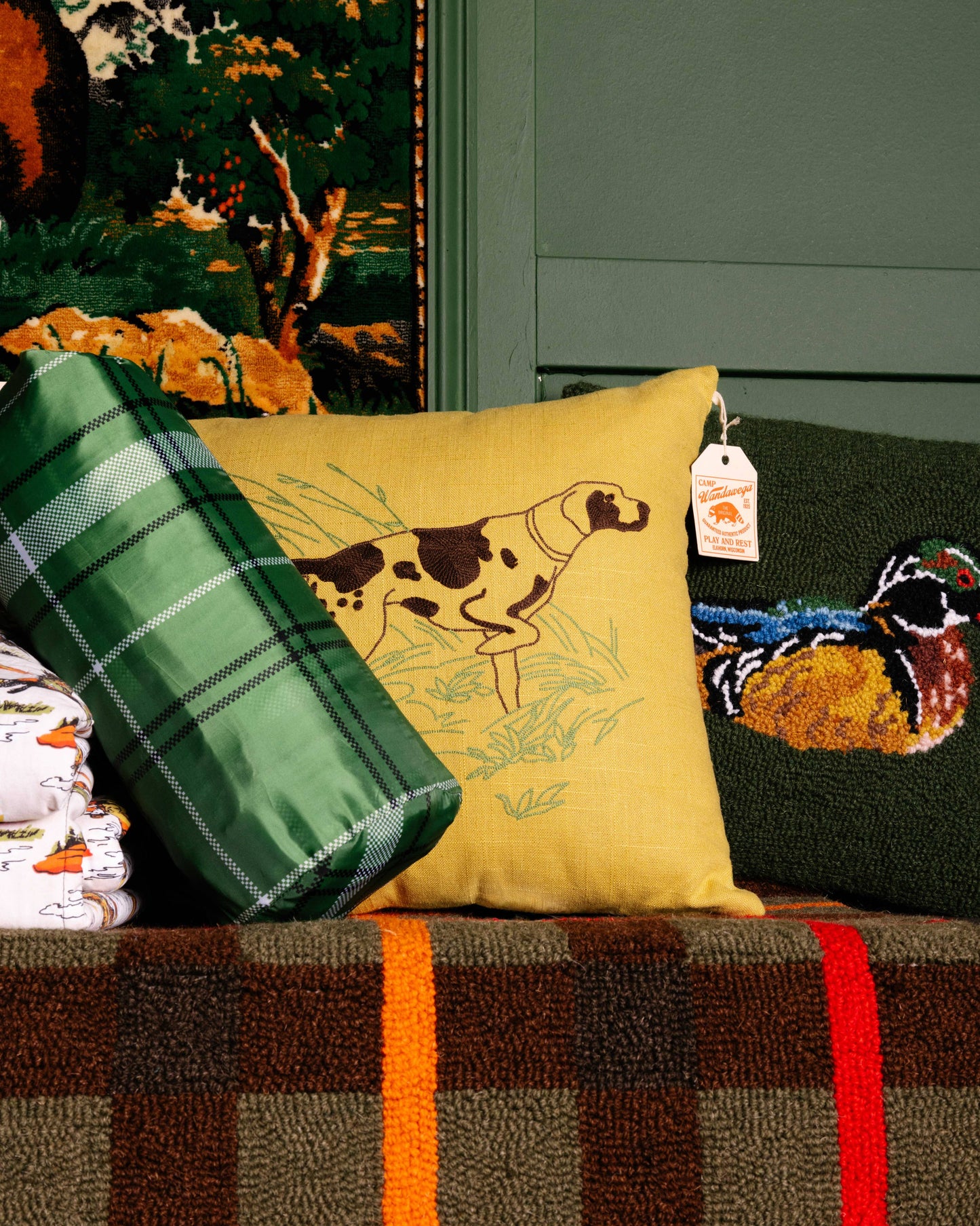 CAMP WANDAWEGA POINTER CHAINSTITCHED PILLOW- Camp W