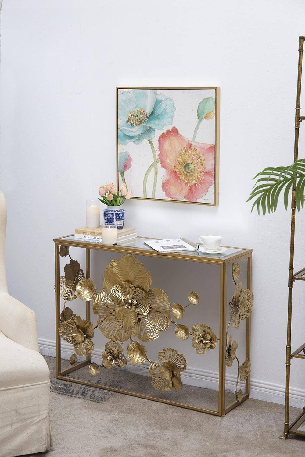 39.5x12x30.5" Gold Console Table with Mirrored Glass Top