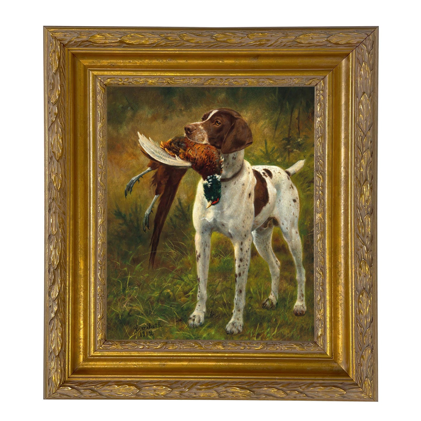 English Pointer with Pheasant Painted Vintage Canvas Print