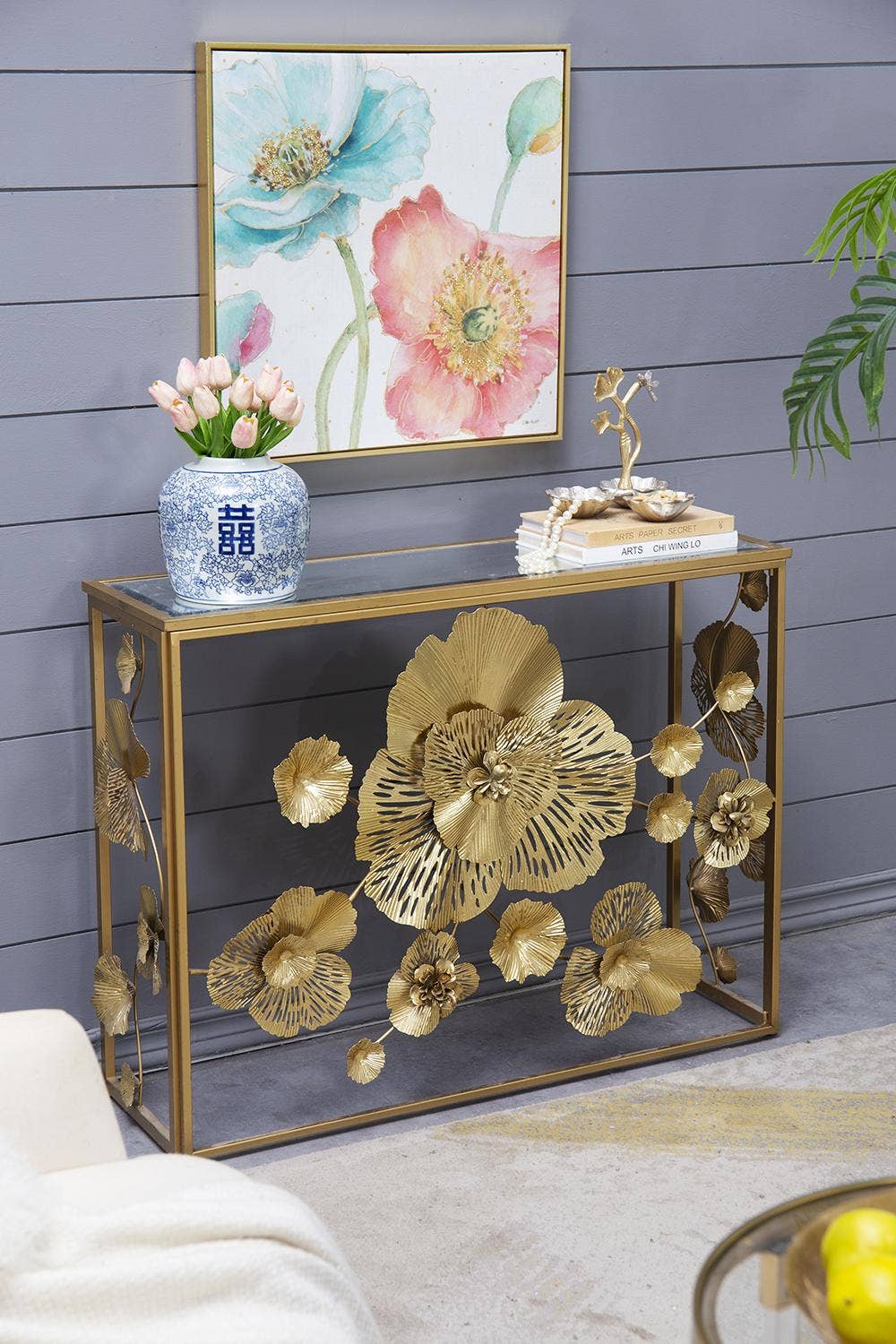 39.5x12x30.5" Gold Console Table with Mirrored Glass Top