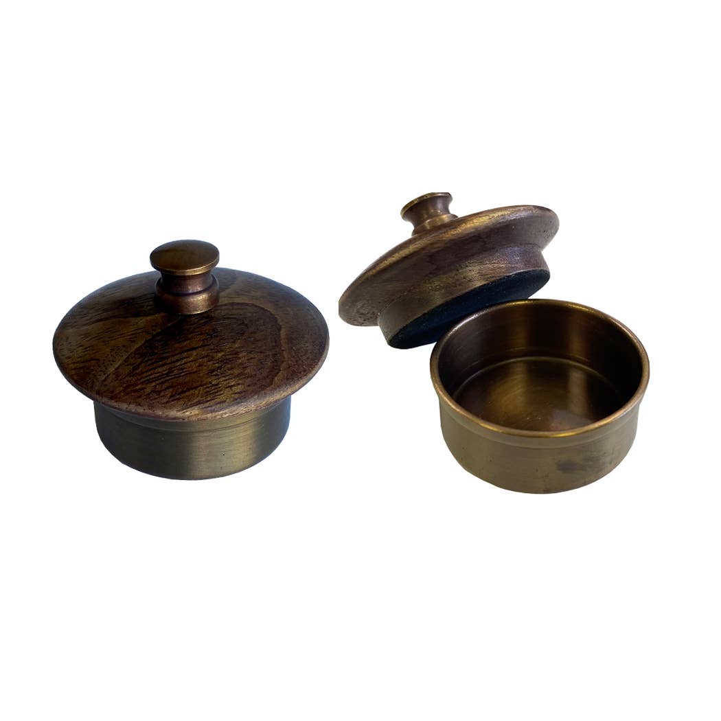 Wood And Brass Desk Stand With Glass Inkwell