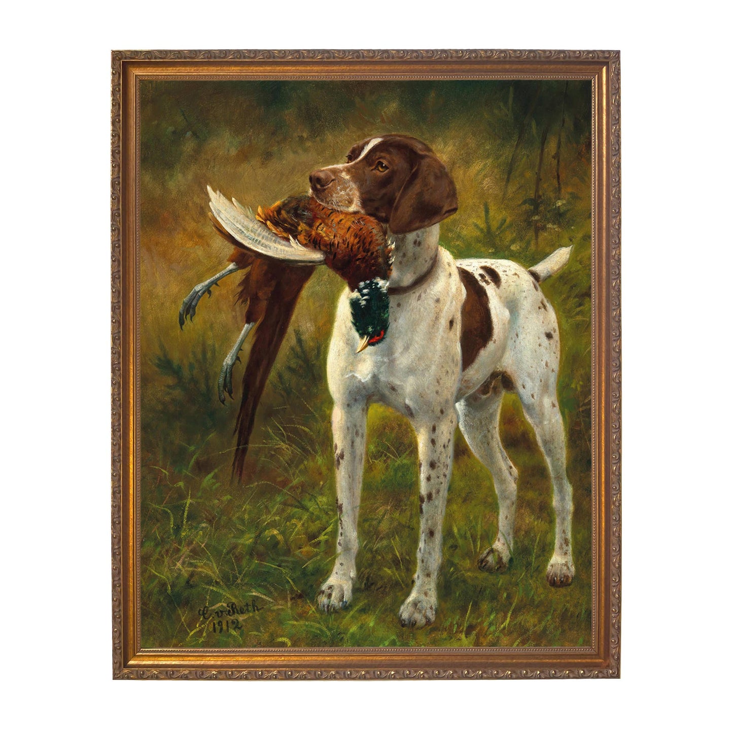 English Pointer with Pheasant Painted Vintage Canvas Print