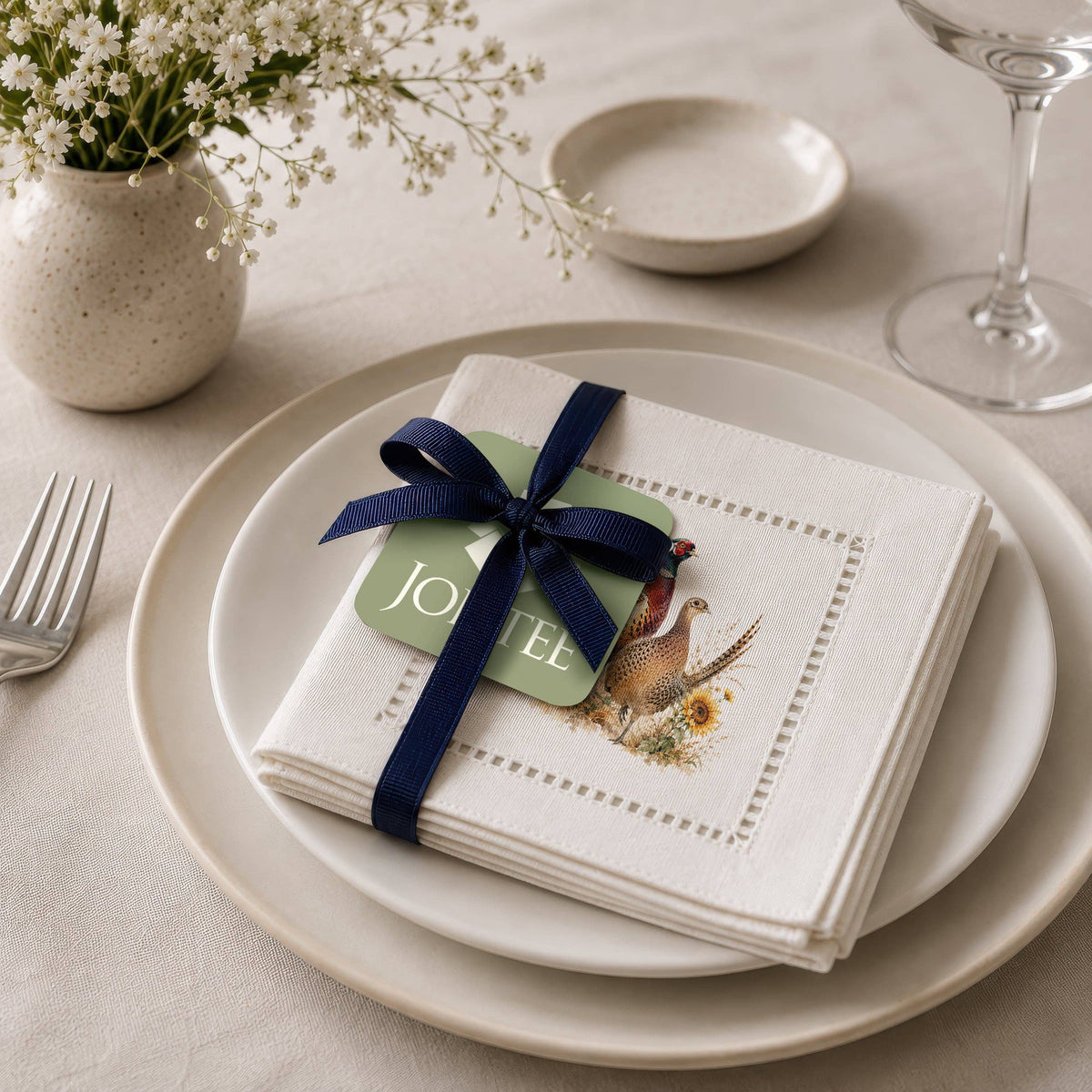 Harvest Table Pheasants Hemstitch Napkins