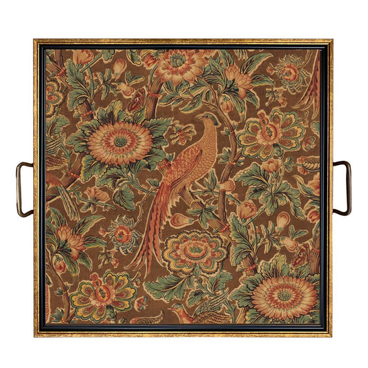 Pheasant and Flower Decorative Tray with Brass Handles