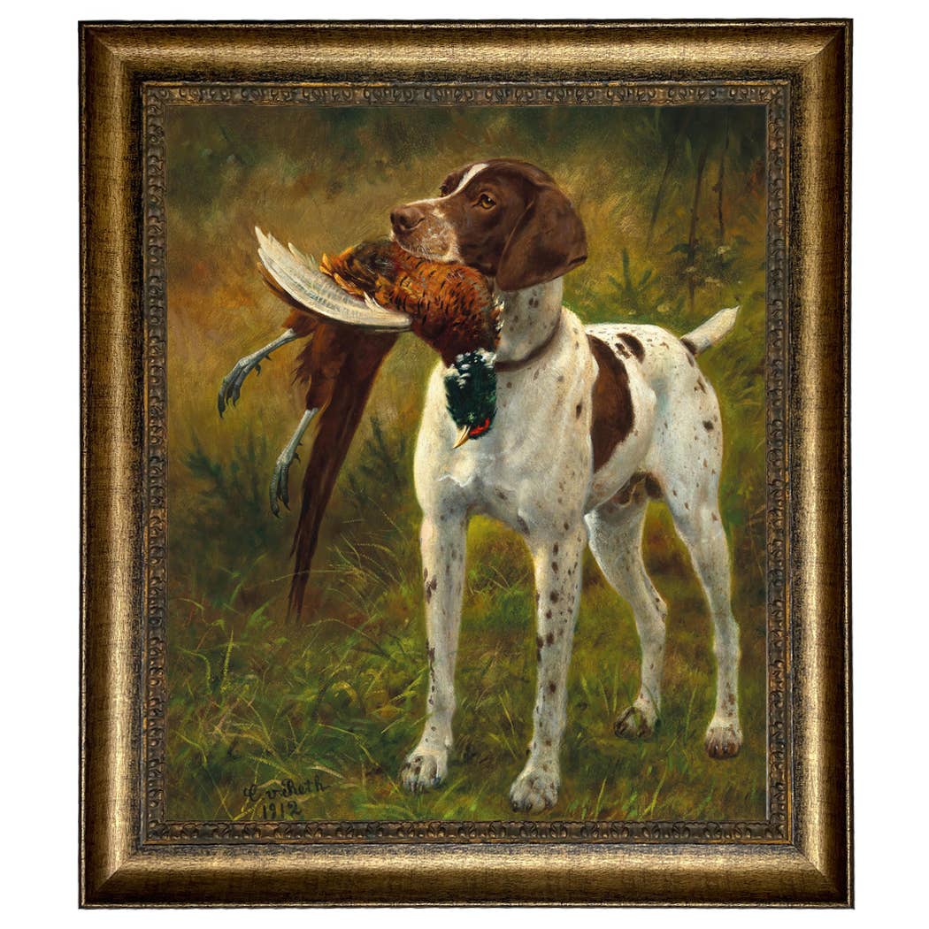 English Pointer with Pheasant Painted Vintage Canvas Print