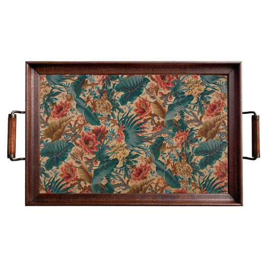 Tropical Floral Wood and Glass Tray, Vintage Style