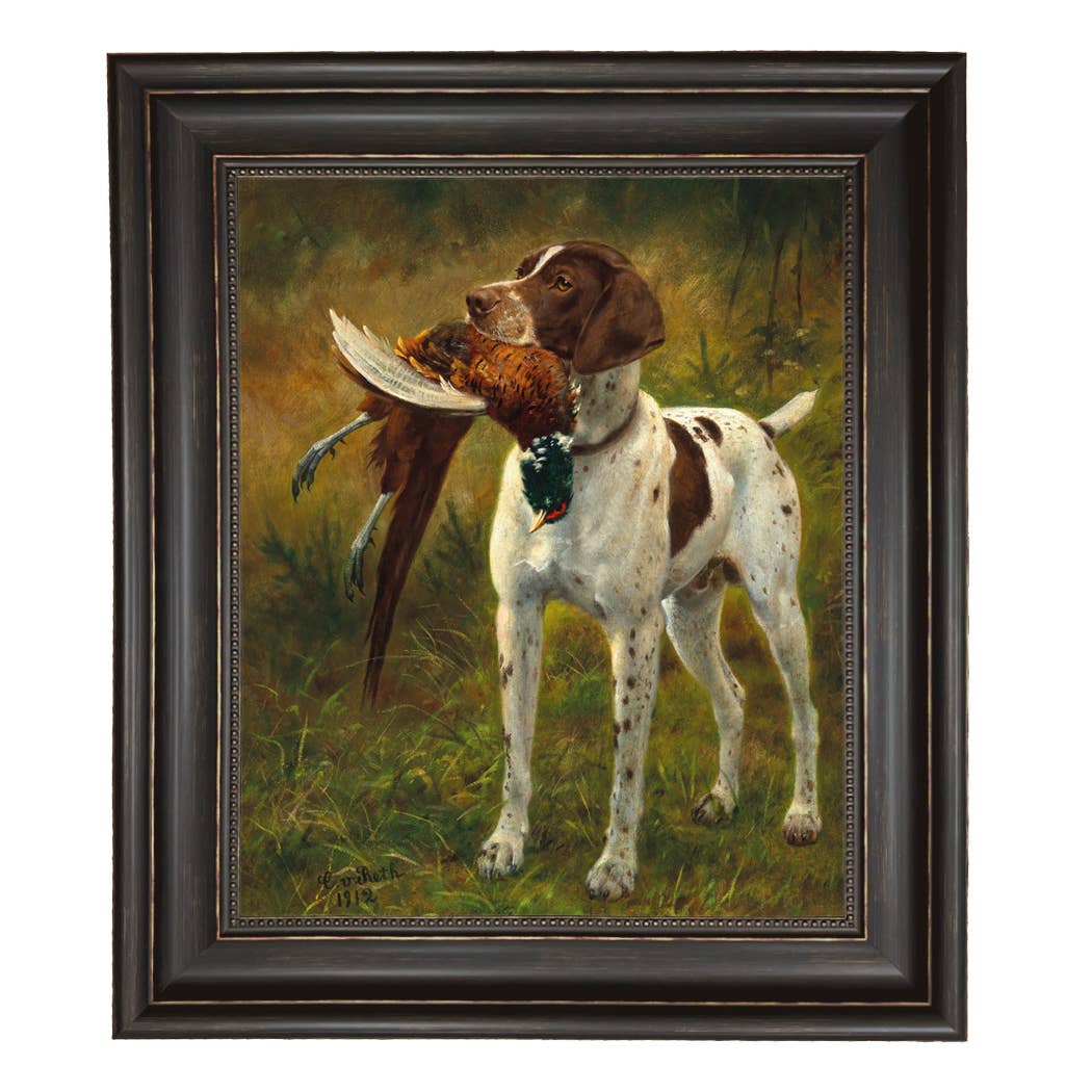 English Pointer with Pheasant Painted Vintage Canvas Print