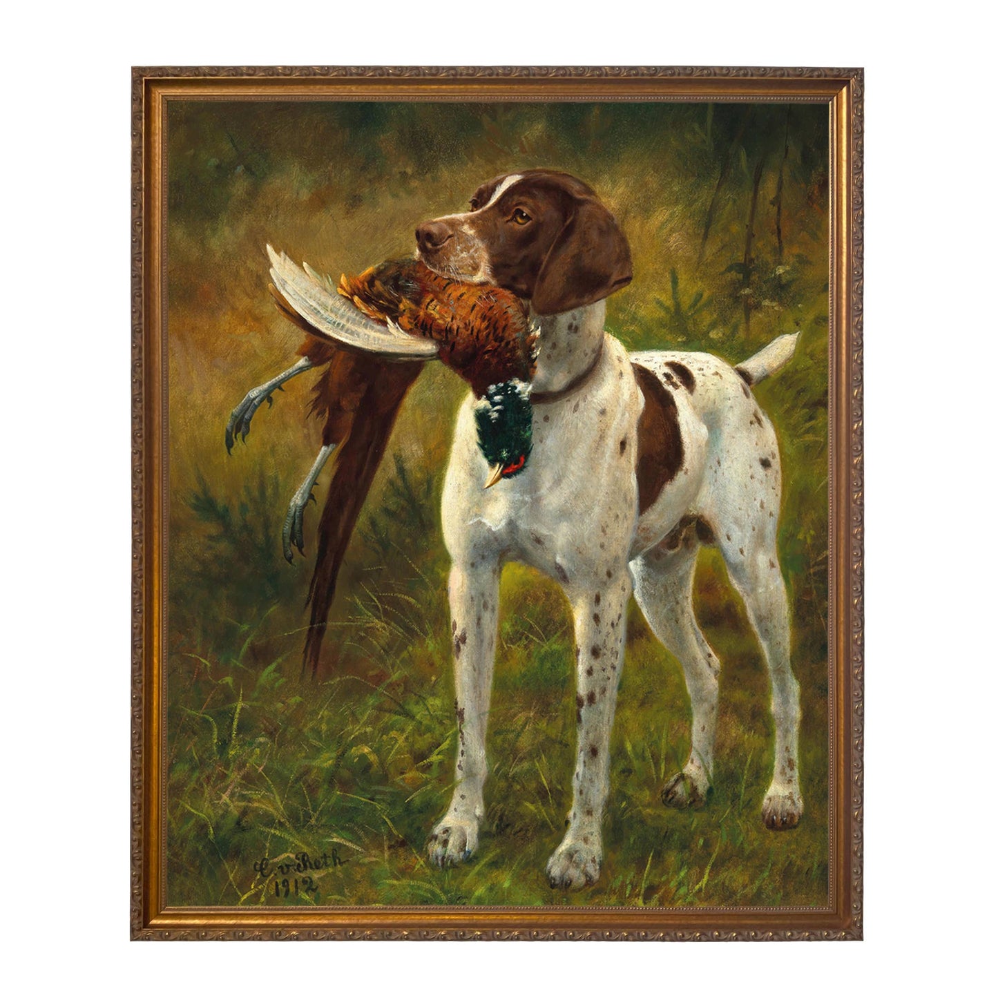 English Pointer with Pheasant Painted Vintage Canvas Print