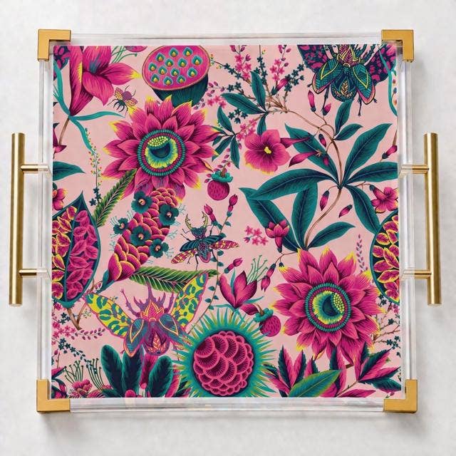 Pink Floral Decorative Acrylic  Tray 9X9